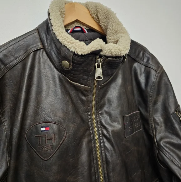 Tommy Hilfiger Dark Brown Rare Faux Leather Aviator Miltary Style